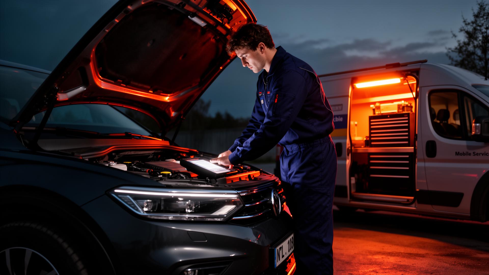 Mobile mechanic working on vehicle at dusk in Grand Prairie, TX